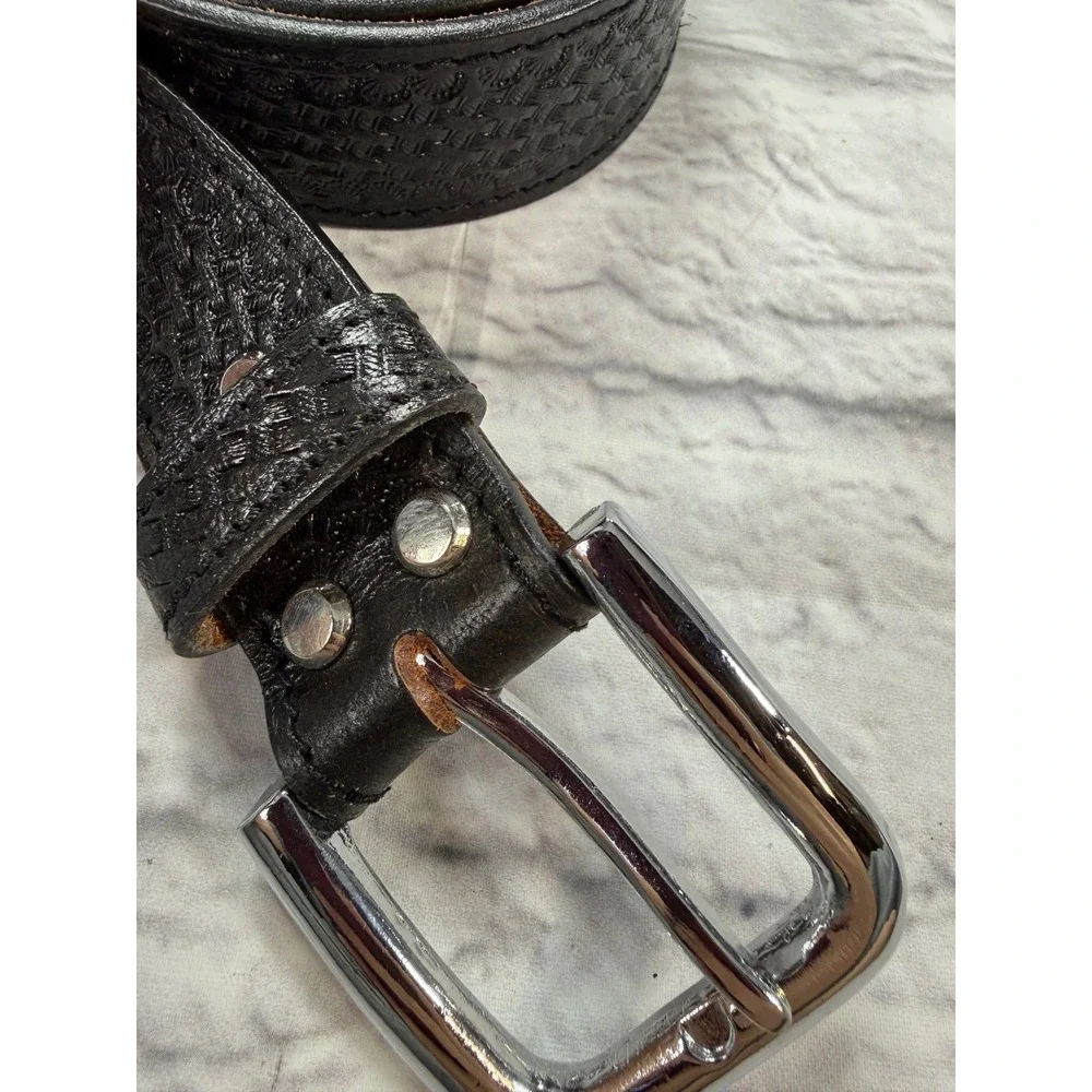 Hilason Belt Men 42 Black Excellent Basketweave Embossed Genuine Leather Western